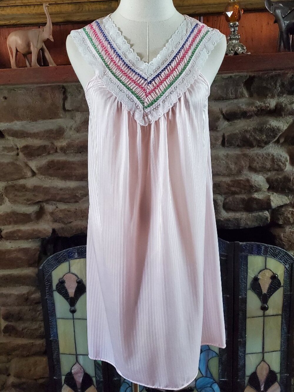 Vintage Sidney Bernstein USA Pink Nylon Nightgown Womens Small Shadow Stripe S